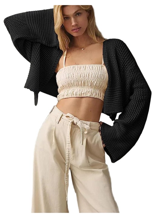Cardigan Cropt Boho-Chic , deschis in fata（10101）, Negru