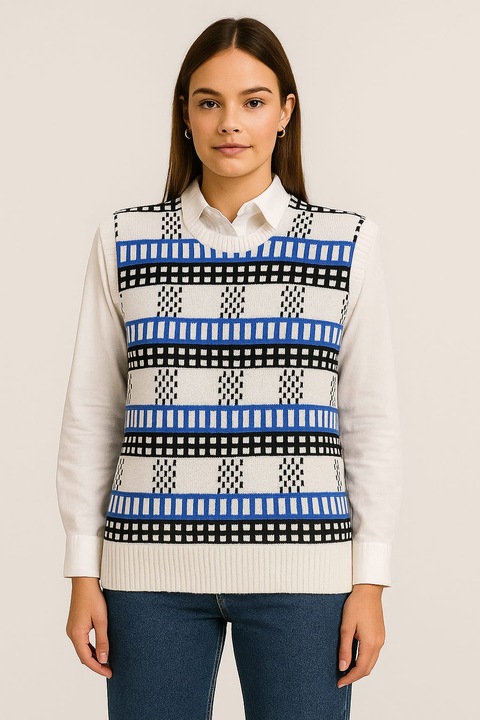 Vesta tricotată, Alb, Model geometric, Marime Unica