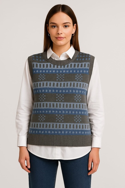 Vesta tricotată, gri închis, marime unică, design geometric, casual & elegant