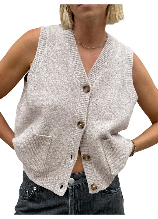 Cardigan tricotat fără mâneci, cu pungi（10114）, Bej inchis