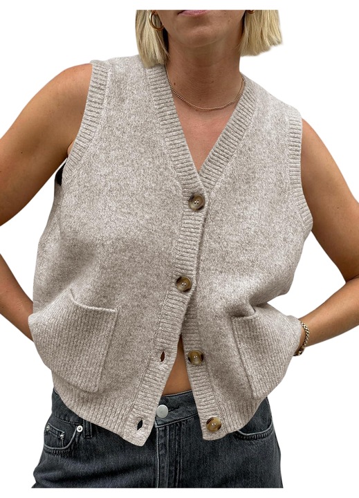 Cardigan tricotat fără mâneci, cu pungi（10114）, Kaki deschis