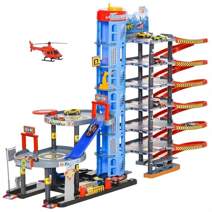 Jucarie Parcare Masini Supraetajata, 6 Etaje, 9 Masini, 1 Elicopter, Lift si Tobogane, Statie de Alimentare, pentru Baieti si Fete, 92x46x71cm, bebeLOGIC™