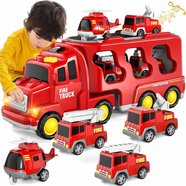 Jucarie de Camion de Pompieri 7 in 1 cu Efecte de Lumini si Sunet, Functie de Inapoiere Prin Tractiune, Helicopter, Camion de Salvare si Scara, Culoare Rosie, cu Optiunea de Depozitare