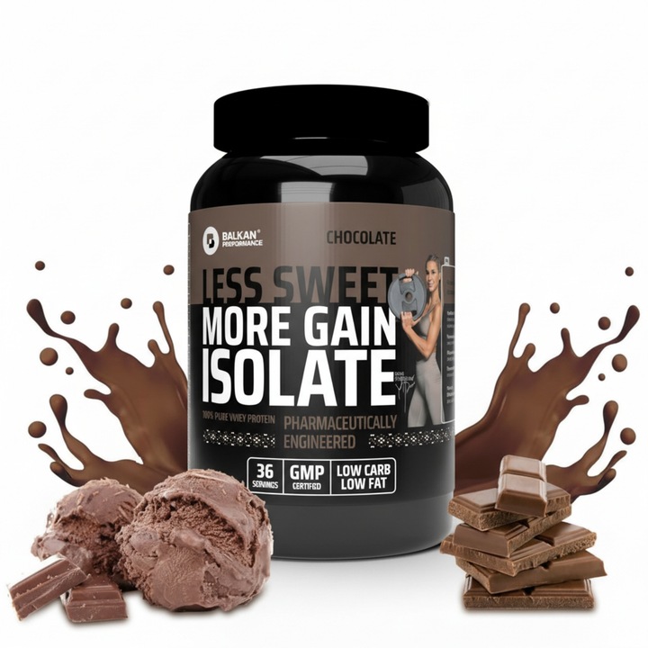 Proteine din zer 100% Whey Protein Isolate, 900 g, Balkan Pharmaceuticals®, fara zahar adaugat, nu face cocoloase, pudra proteica obtinuta prin tehnologia avansata CFM, certificare GMP, izolat cu aroma de ciocolata
