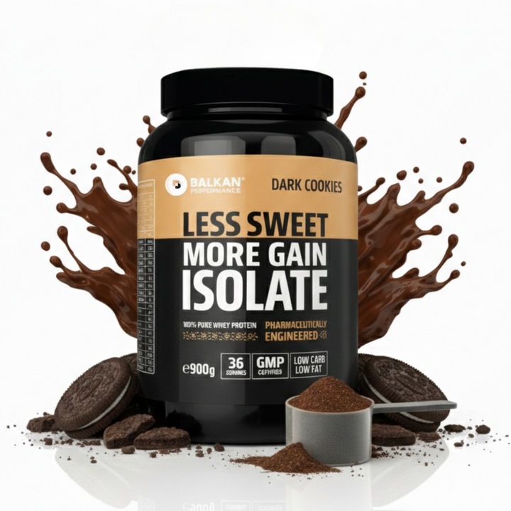 Proteine din zer 100% Whey Protein Isolate, 900 g, Balkan Pharmaceuticals®, fara zahar adaugat, nu face cocoloase, pudra proteica obtinuta prin tehnologia avansata CFM, certificare GMP, izolat cu aroma de Oreo