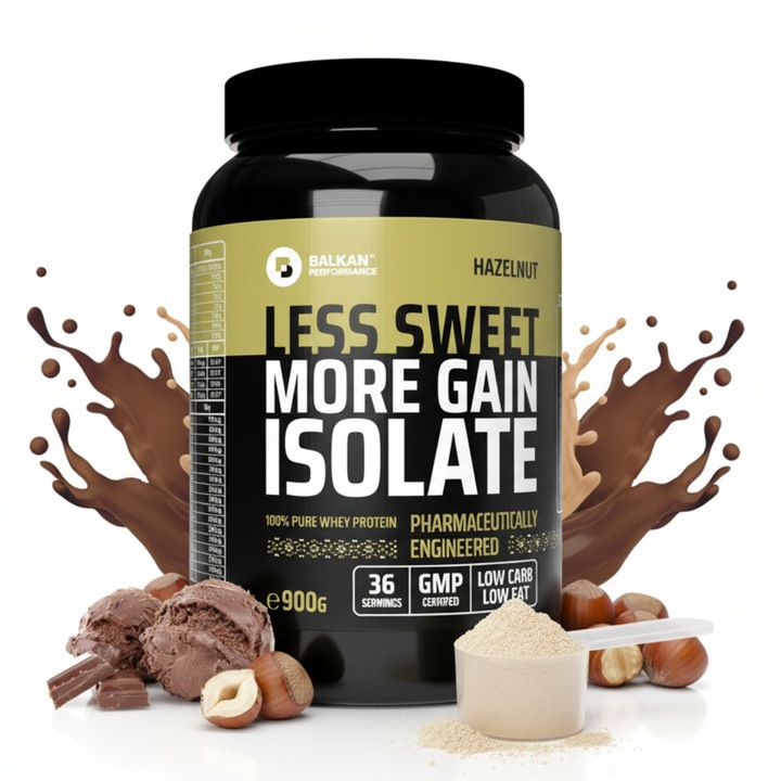 Proteine din zer 100% Whey Protein Isolate, 900 g, Balkan Pharmaceuticals®, fara zahar adaugat, nu face cocoloase, pudra proteica obtinuta prin tehnologia avansata CFM, certificare GMP, izolat cu aroma de Alune