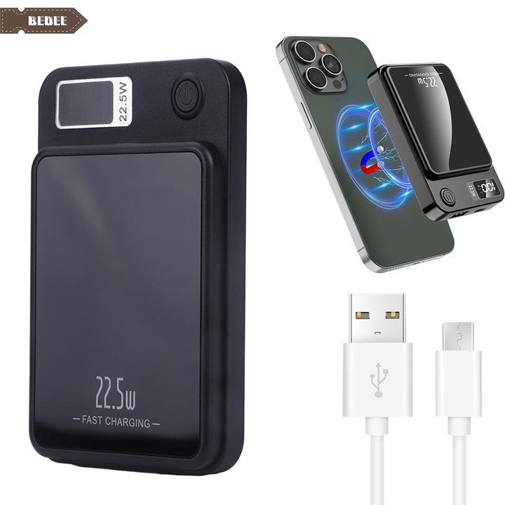 Безжична външна батерия, Bedee, LED дисплей, 10000 mAh магнитна външна батерия, 22,5 W с бързо зареждане, Подходяща за транспортиране, За iPhone, Android, Слушалки, Черна