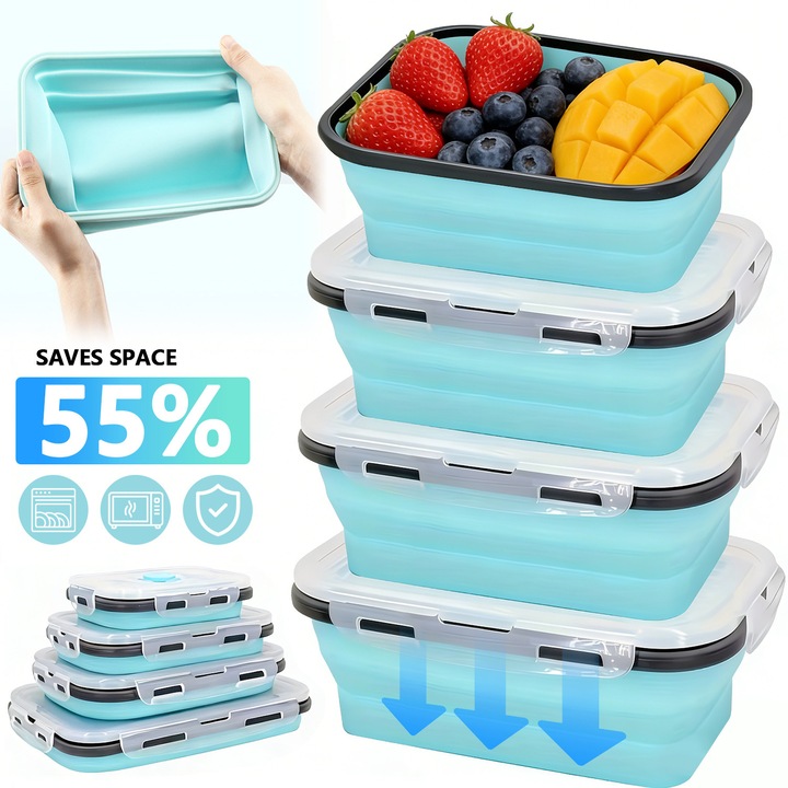 Комплект от 4 кутии за обяд, BYONDSELF®, сгъваеми и преносими, силиконови, без BPA, 350/500/800/1200ML, неразрушими, за хладилници и микровълнови печки, сини