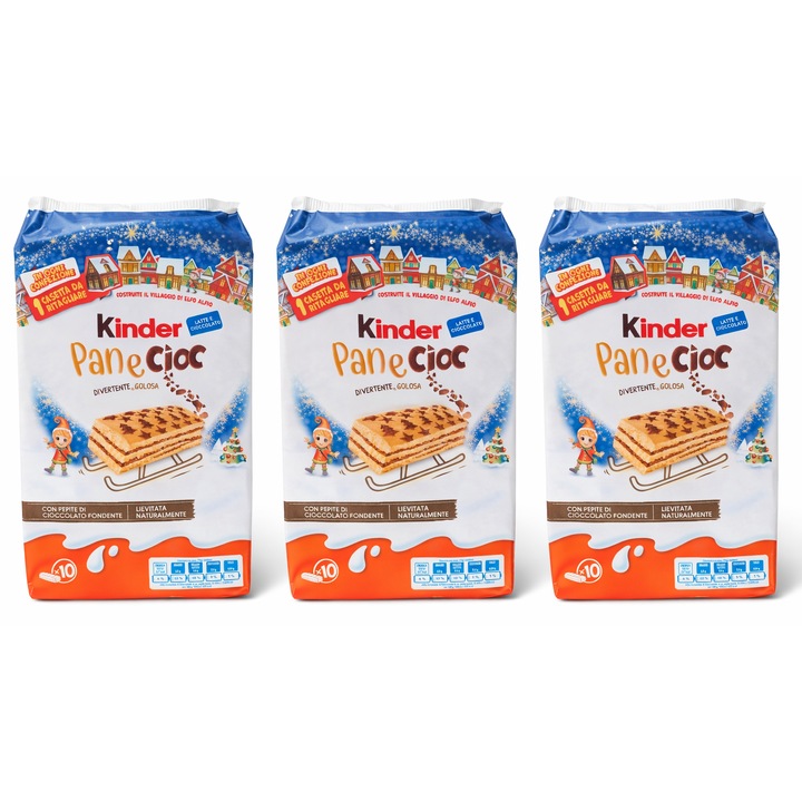 Set 3 pachete Kinder PaneCIOC 290 g, prăjiturele cu lapte și bucăți de ciocolată, 30 bucăți