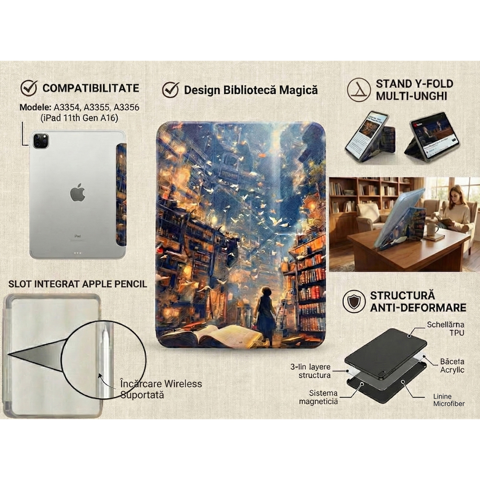 Husa Artinplace compatibila cu Apple iPad Pro 11 inch (A16), Model A3354/A3355/A3356, Smart Case Y-Fold, inchidere magnetica, slot pentru stylus, spate acrilic anti-indoire, Design Magic Library, suport multi-unghi