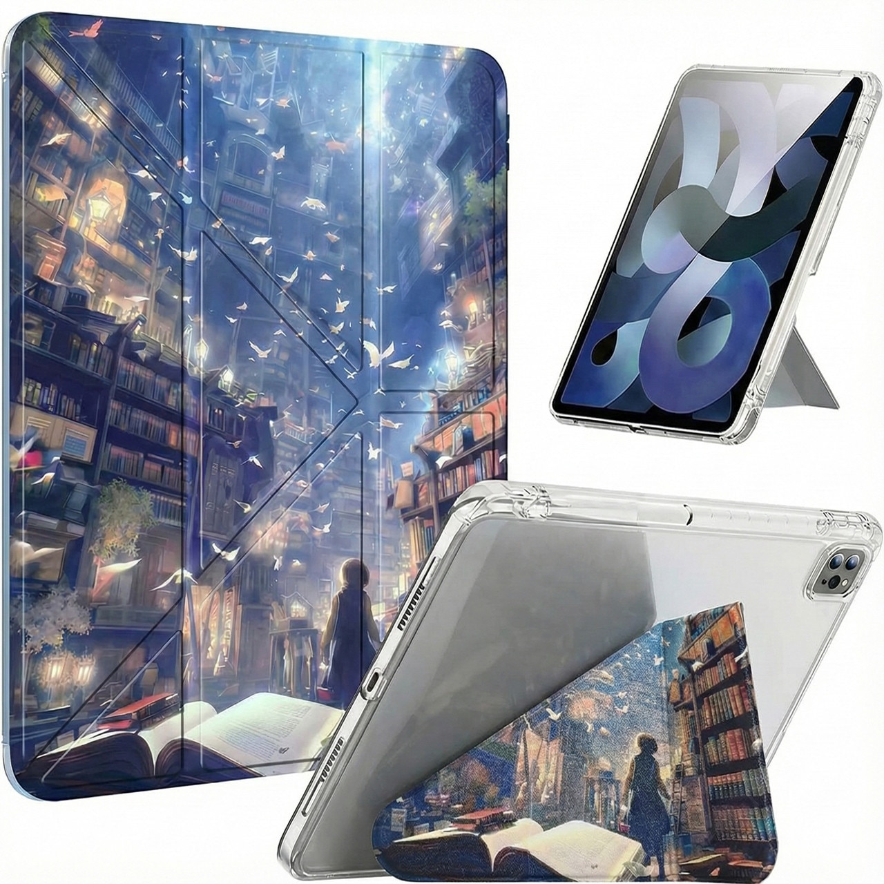 Husa Artinplace compatibila cu Apple iPad Pro 11 inch (A16), Model A3354/A3355/A3356, Smart Case Y-Fold, inchidere magnetica, slot pentru stylus, spate acrilic anti-indoire, Design Magic Library, suport multi-unghi