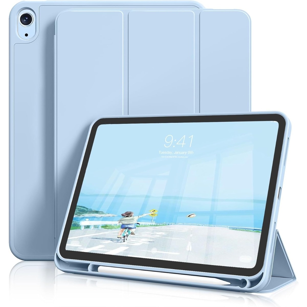 Husa Inteligenta compatibila cu Apple iPad (A16) 11 generatie 2025 / iPad 10th 10.9" 2022, Unghiuri Ajustabile, cu suport pentru stilou, husa inteligenta cu suport pliabil in trei, Cerul albastru
