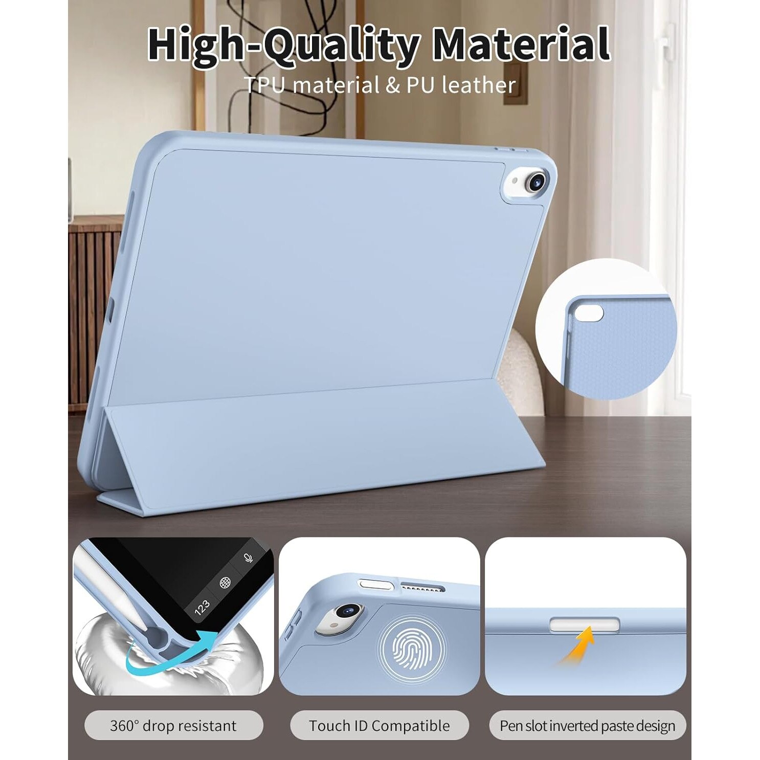 Husa Inteligenta compatibila cu Apple iPad (A16) 11 generatie 2025 / iPad 10th 10.9" 2022, Unghiuri Ajustabile, cu suport pentru stilou, husa inteligenta cu suport pliabil in trei, Cerul albastru