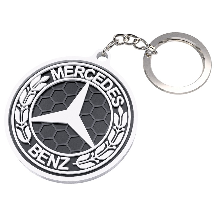 Breloc chei auto, woodmag, Mercedes, alb cu accente negre, 71x25mm