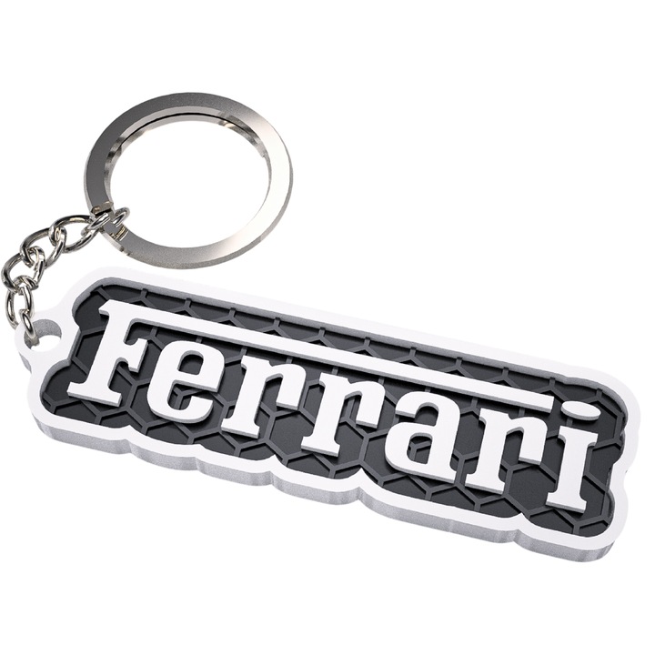 Breloc chei, woodmag, design Ferrari, alb cu accente negre, 71x25mm