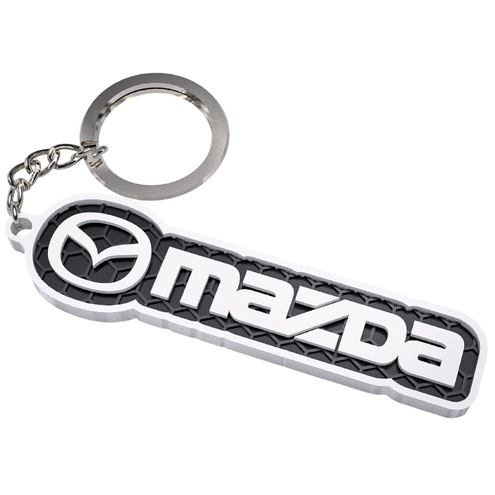 Breloc chei Mazda, woodmag, alb cu accente negre, 71x25mm