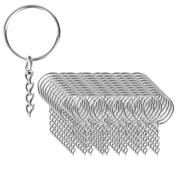 Fém kulcstartó lánccal, strapabíró nikkelezett fém, kiegészítőkhöz és barkácsprojektekhez, 100 darab