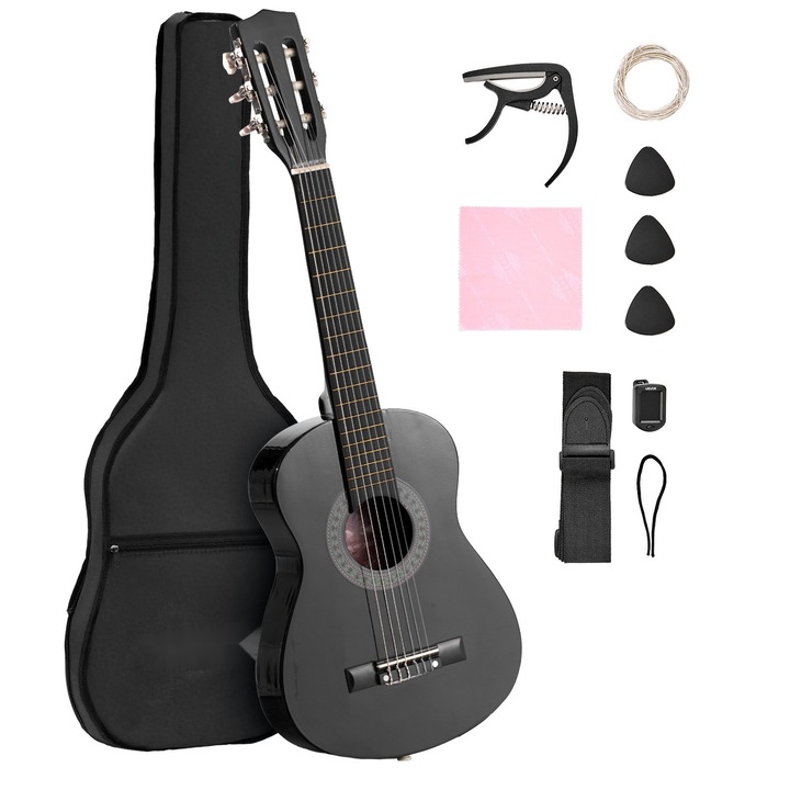 Класическа китара, комплект за начинаещи, размер 78 см, найлонови струни, тяло от липа, включени аксесоари: калъф, колан, тунер, перца, каподастер, допълнителни струни, за деца, черен