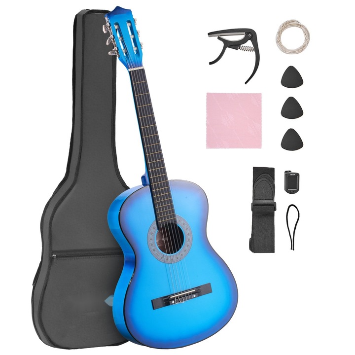 Klasszikus gitár, teljes kezdő készlet, 96 cm hosszúság, nylon húrok, hársfa, tok és szíj, hangoló és kapodaszter, kék