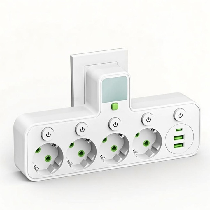 Priză multiplă de perete, 4 prize Schuko, 2 USB, 1 USB-C, cu întrerupător și senzor de lumină, montare aparentă