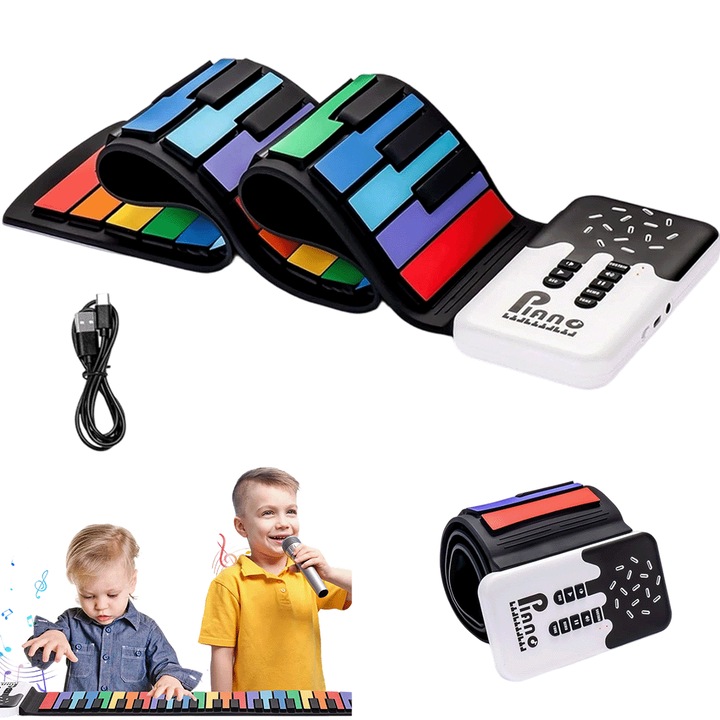 Pian electric portabil rulat manual, cu 49 de clape, 8 tonuri unice, 6 melodii demonstrative, silicon, 80,6 * 16 cm, poate emite sunet pentru casti