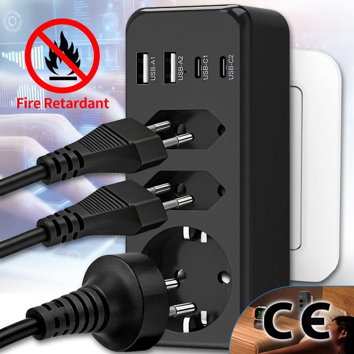 Adaptor priza Tressino 7-in-1, 3 prize Schuko, 4 porturi USB, Negru, 133.5x55mm