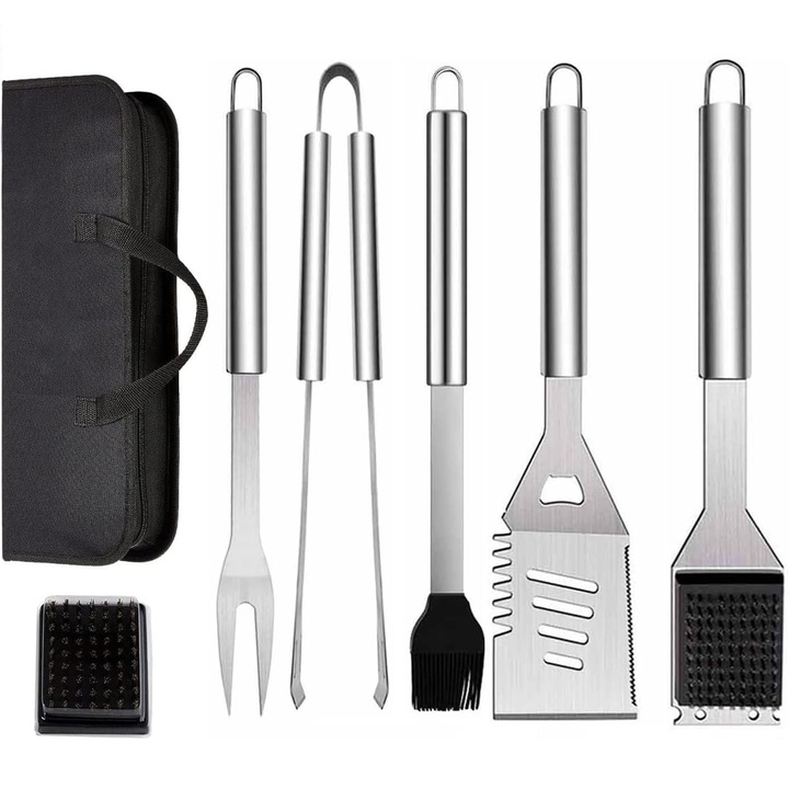 7 darabos rozsdamentes acél grillszerszám készlet hordtáskával, spatula, fogó és villa, grill kiegészítők, főzés, szabadtéri kempingezés