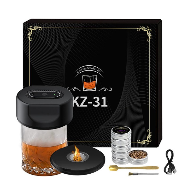 Afumator Cocktail si Whiskey, BOMSTOM, Include 6 Arome Naturale, electronic- fara expunere la flacara, siguranta in momentul utilizarii, Reincarcabila, Negru