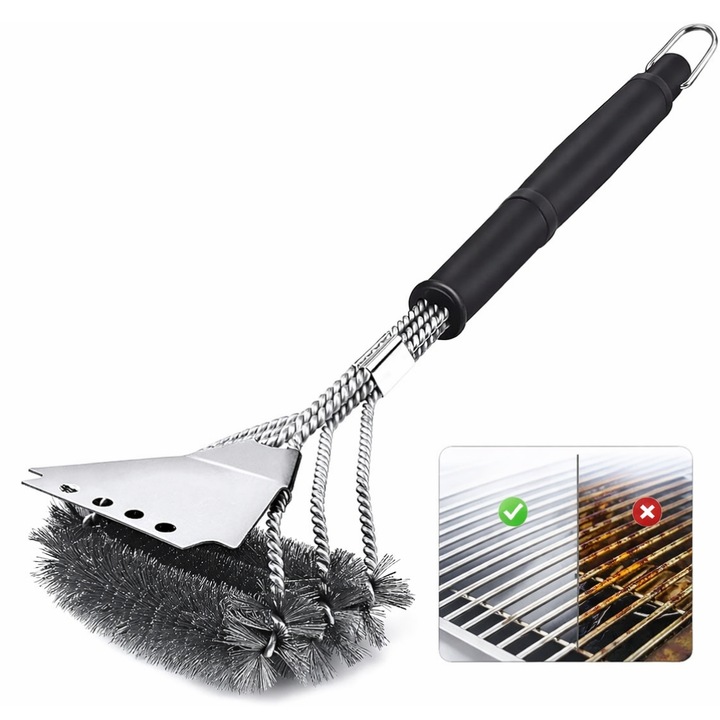 Perie gratar Macvi® curatare grill din inox cu racleta 7 cm si sarma inox galvanizat dimensiune totala 45 x 7 x 8 cm