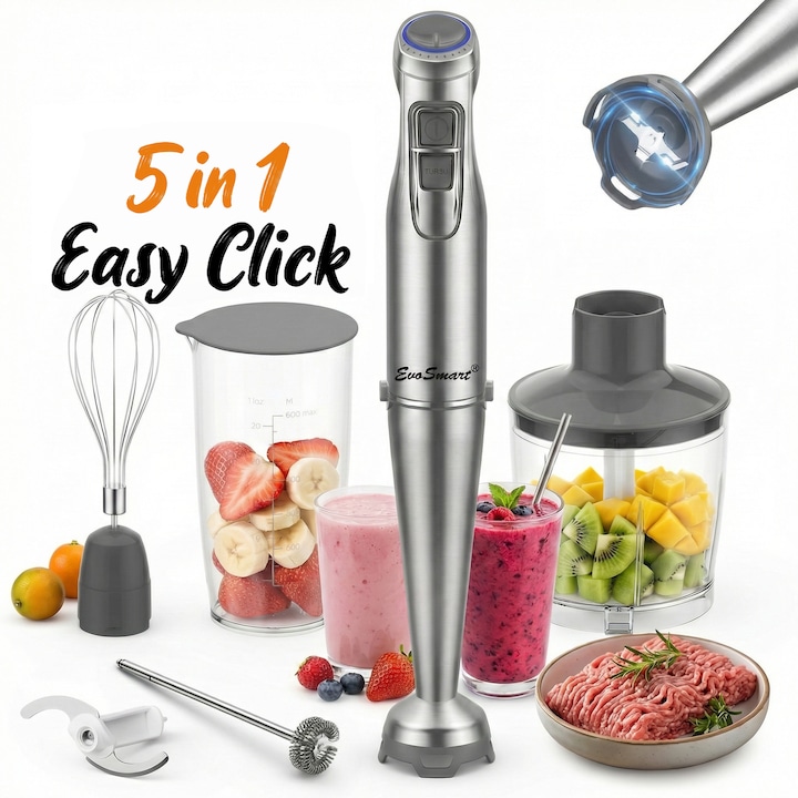 Set Mixer Vertical tip Blender 5 in 1 EvoSmart HB-8804, 12 Viteze, Silentios, Lame 4 Puncte Din Inox, Maner Ergonomic, Chopper, Spumant Lapte si Supa, Sistem Easy Click, Protectie Zgarieturi