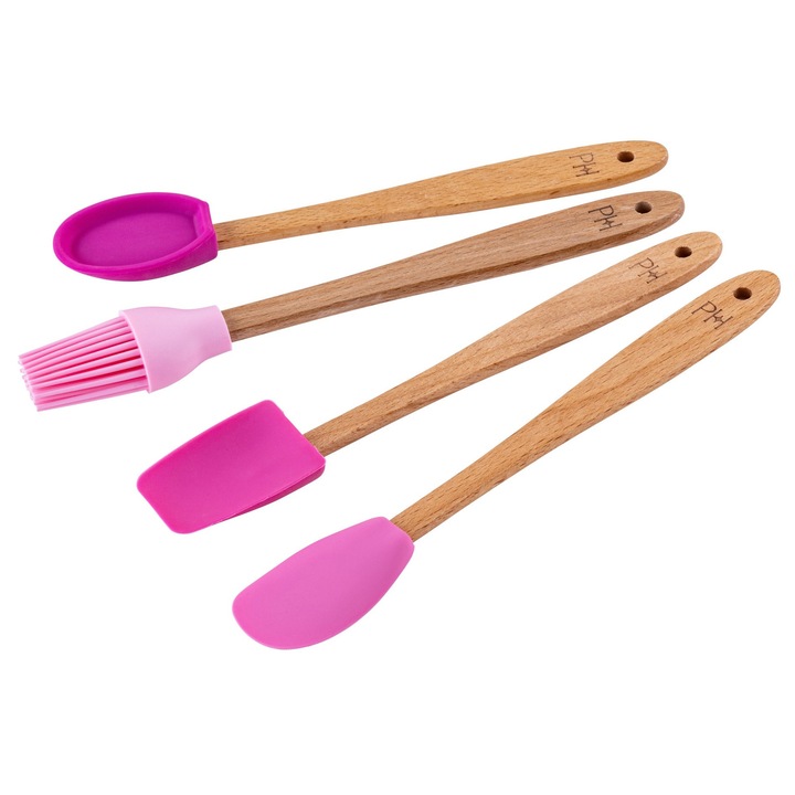 Set 4 mini ustensile din silicon pentru patiserie, Paris Hilton, roz pal, lemn de fag