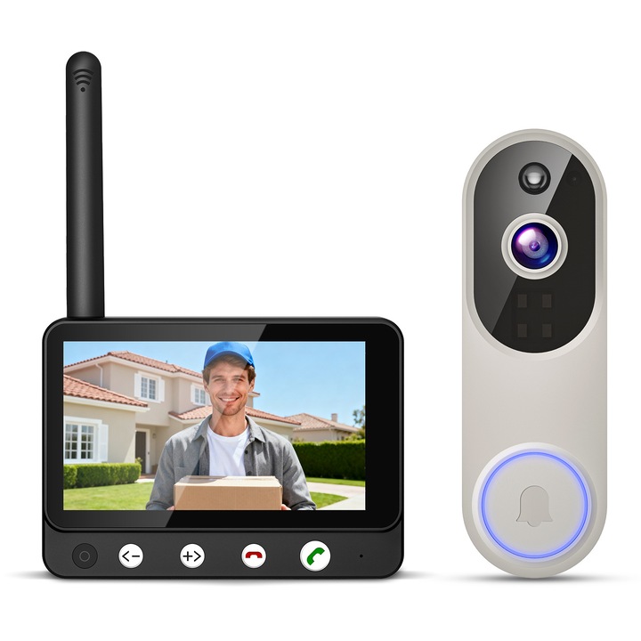 Sonerie inteligenta cu vizor electronic, sonerie video, ORBER, camera, wireless, interfon vocal, supraveghere, Wi-Fi, 1080P HD, viziune nocturna, ecran de 4, 5 inci, stocare in cloud, afisaj Negru + sonerie video Bej