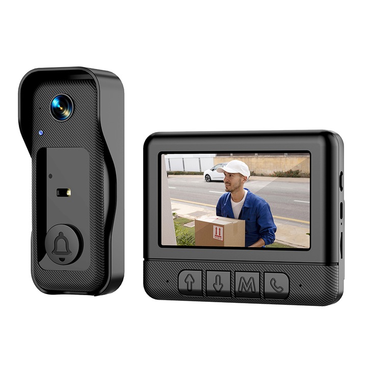 Sonerie video inteligenta, pentru uz casnic, X6, ORBER, cu afisaj, ecran de 4, 3 inci, fara fir, interfon bidirectional, unghi larg de 130 de grade, HD de 300.000 de pixeli, apeluri video in timp real, 64 GB, Negru