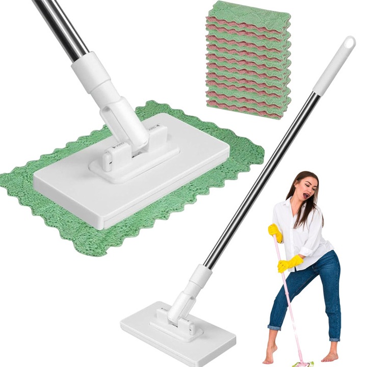 Mop plat de uz casnic, Bedee®, No Wash Lazy Mops, Cap pivotant la 180°, fara a murdari mainile, cu 10 carpe de mop, Reutilizati servetelele faciale, servetelele umede, hainele/sosetele vechi ca bureti de curatat, maner de 1m, Alb