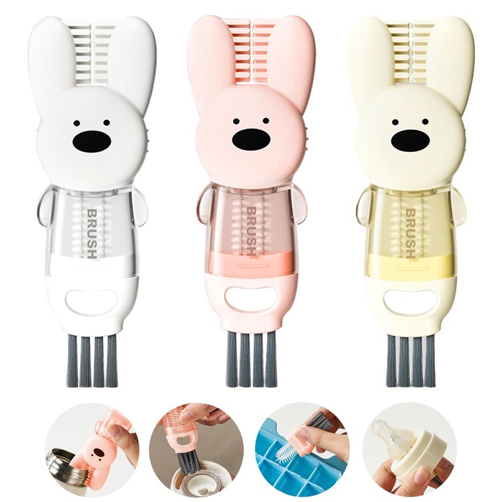 Set 3 Perii Pentru Curatarea Capacelor de Pahare 4 IN 1, MorFansi®, Design Usor de Agatat, Multifunctionala Pentru Sticle, Instrument de Curatare a Fisurilor Din Bucatarie, 13 x 4.5 x 2 CM, Iepure Multicolor