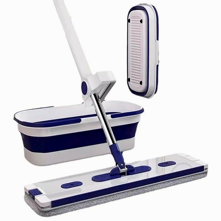 Mop Plat cu Galeată Pliabilă, 2 Rezerve Microfibra, Tija Telescopică 127 cm, Albastru, Set cu mop