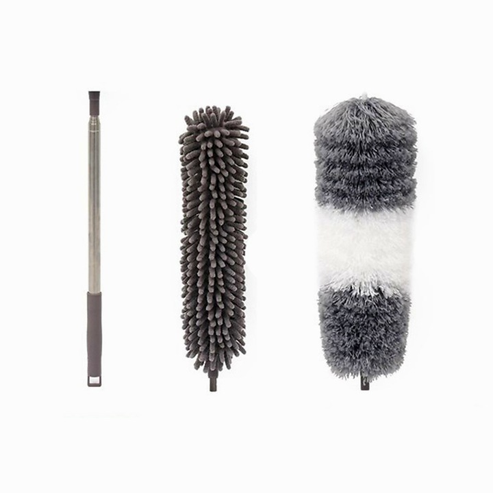 Set mop din microfibra DAMUR, 2 capete detașabile, maner extensibil, gri, 41x7x5cm