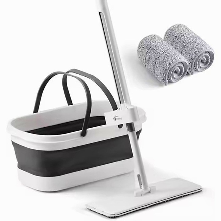 Mop plat cu galetă pliabilă și 2 rezerve din microfibra, tija telescopică 127 cm, gri, set compact