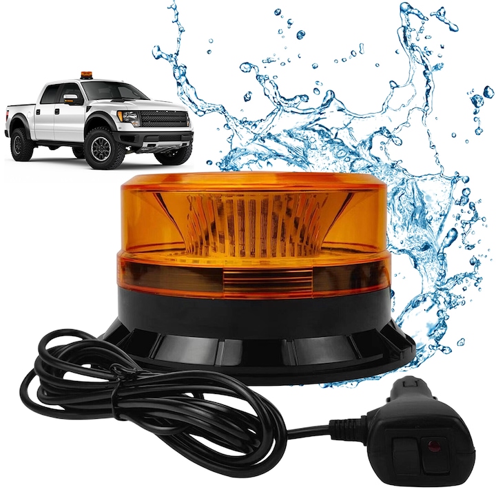 Въртящ се мигащ фар с предупредителна светлина 12/24V с 16 режима на мигане, 3 м захранващ кабел, водоустойчив IP67, магнитна основа