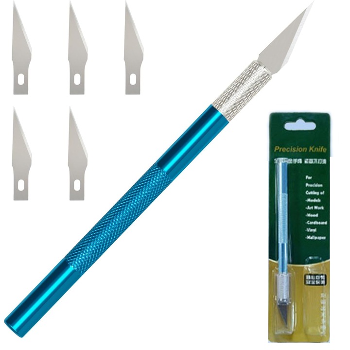 Комплект прецизни ножове COMEWE, 1 скалпел, 5 остриета, ергономичен дизайн, син