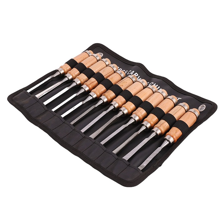 Комплект 12 длета за дърворезба, Asskanaer, въглеродна стомана, ергономичен дизайн, 32x24x4 см, кафяво/сребристо