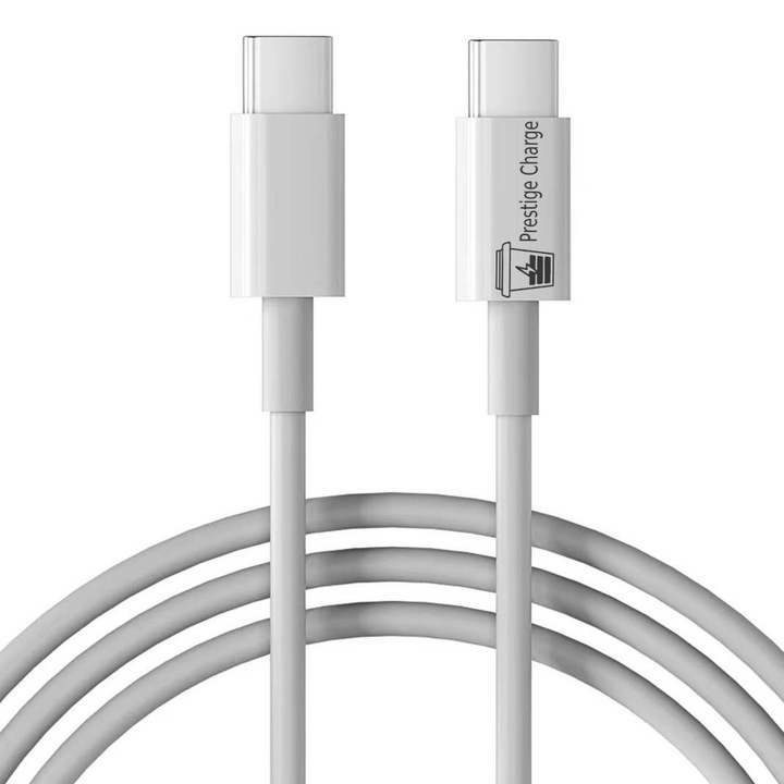 Cablu USB-C la USB-C, PRESTIGE CHARGE®, Transfer Date si Incarcare SuperFastCharge 25W/45W, TPE PREMIUM, Type C, Ergonomic, pentru Telefon, Tableta si Gadgeturi, iPhone si iPad, Samsung, 1m, Alb