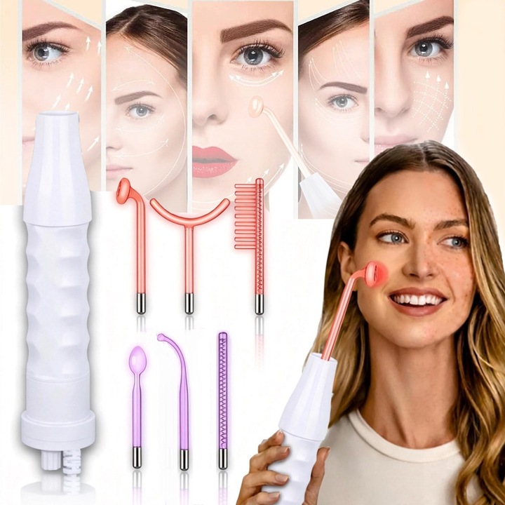 Aparat Electroderm pentru tratament cosmetic, Tressino, Tehnologie cu Argon de Inalta Frecventa si 6, Riduri, Controlul Petelor, Cearcane, Par Seboreic, Stimulator Scalp, Infrumusetare, Biostimulare Faciala, Lifting, Portabil, Alb