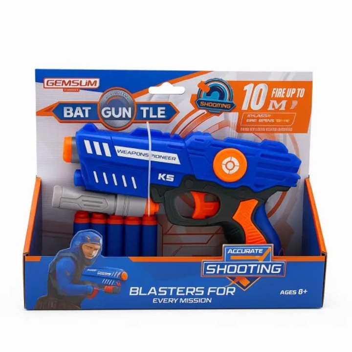 Pistol jucărie K5 Blaster, albastru-portocaliu, set cu proiectile din burete
