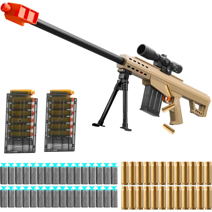 Pistol de jucărie cu lunetă, Bedee, model Barrett 81 cm, set 2 încărcătoare + 1 lunetă + 40 cartușe moi + 20 cartușe folosite, multicolor