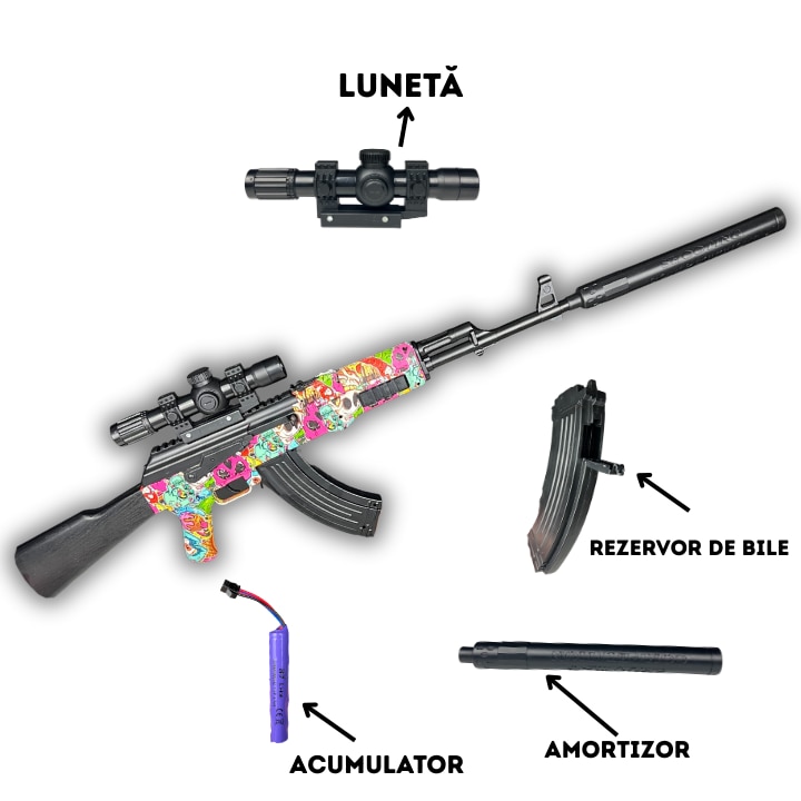 Pușcă cu bile gel AK, electrică full-auto, set complet cu lunetă și ...