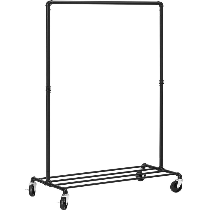 Suport pentru haine, cu raft si sina de agatat, cadru metalic, cu roti, 100x49x163cm, industrial, negru