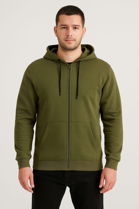 Hanorac Barbati cu Gluga, Kaki, Marime 2XL – Stil Casual Streetwear, Cu Fermoar si Snur Reglabil