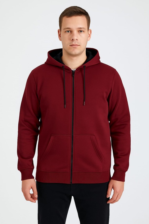 Hanorac Barbati cu Gluga, Bordo, Marime L – Stil Casual Streetwear, Cu Fermoar si Snur Reglabil