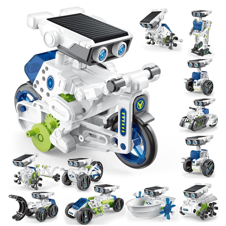 Set roboti cu energie solara, AFKSMILE, 12-in-1, Pentru a construi diferite tipuri de roboti, Green energy, Stimuleaza imaginatia si dezvolta abilitati practice, Jucarie creativa pentru copii 8+ Ani, 200+ piese, Plastic, Alb